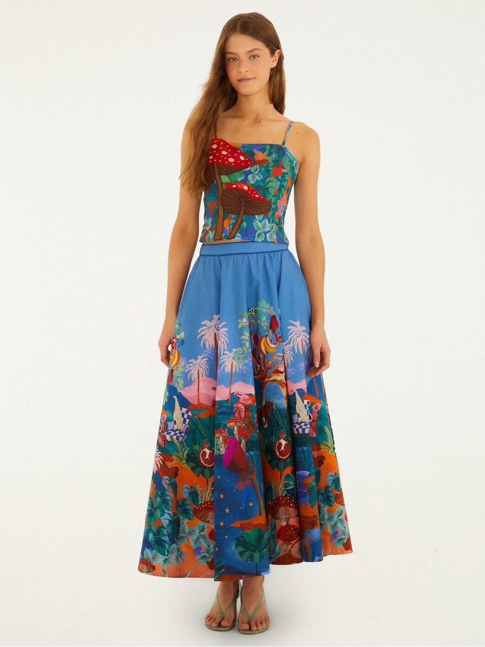 FARM Rio Mushroom Dream Landscape Embroidered Top Skirt Two Piece Set NWT S/M